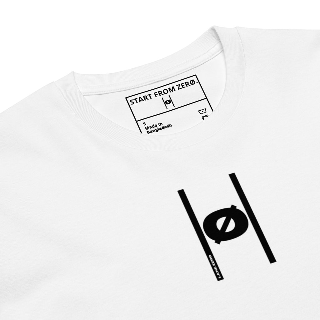 White t-shirt with black graphic design on a white background