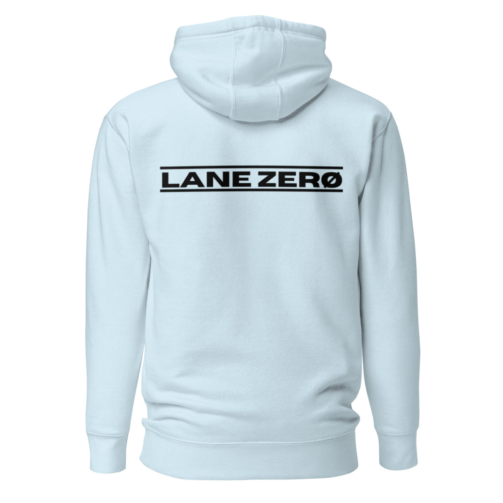 Light blue hoodie with 'LANE ZERO' logo on the back against a white background