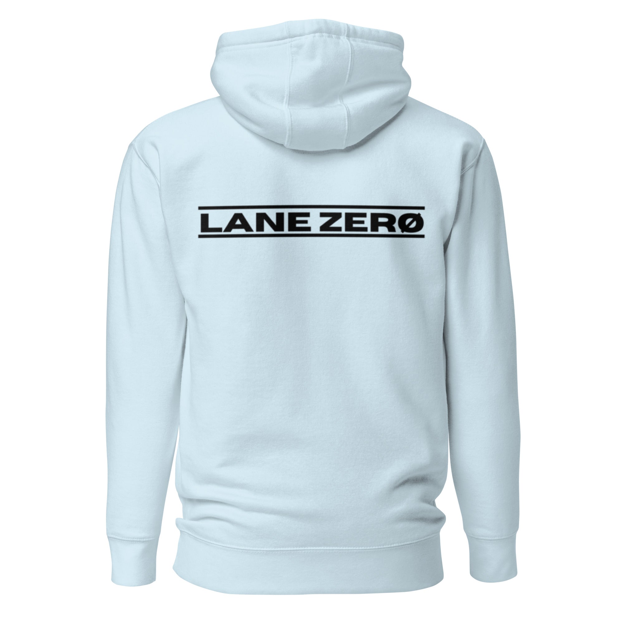 Light blue hoodie with 'LANE ZERO' logo on the back against a white background