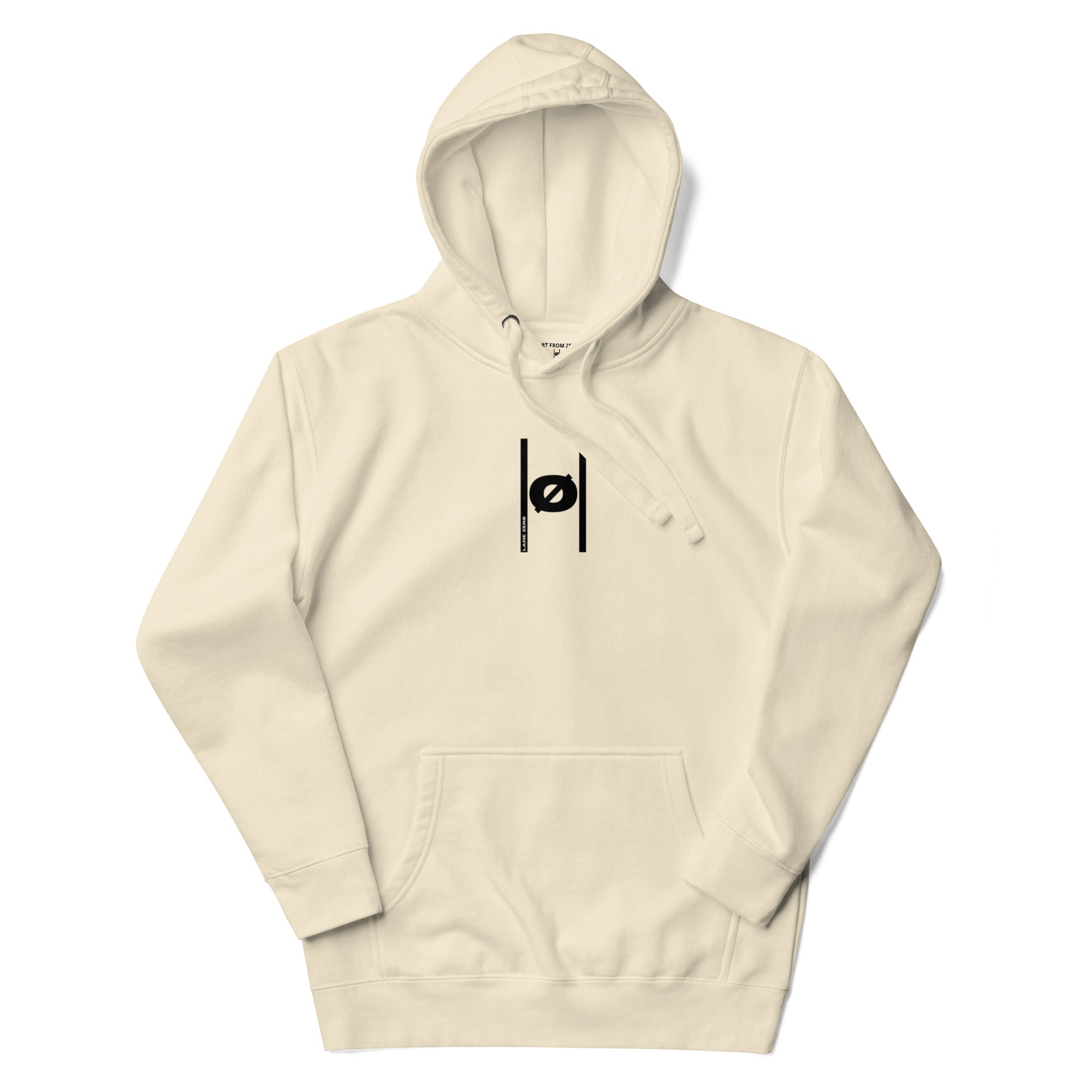 Beige hoodie with a black logo on a white background