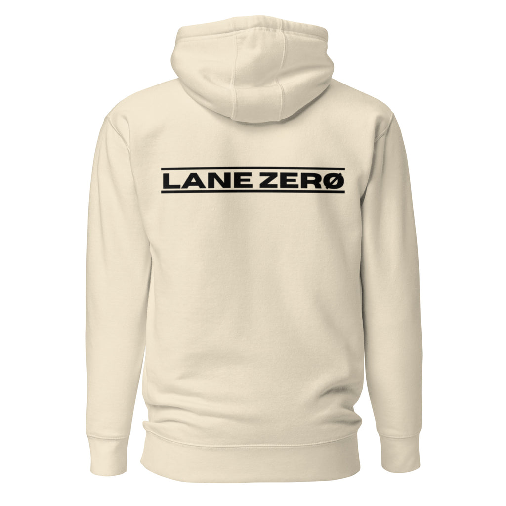Beige hoodie with 'LANE ZERO' logo on the back against a white background