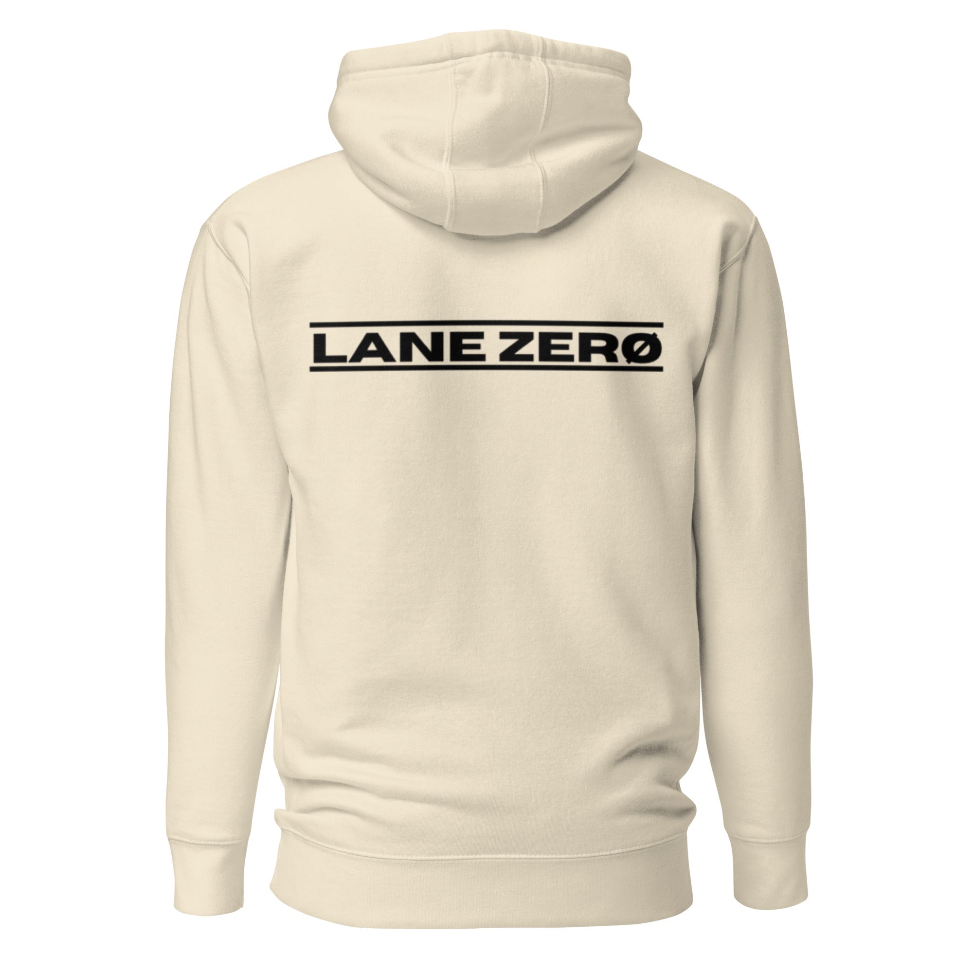Beige hoodie with 'LANE ZERO' logo on the back against a white background