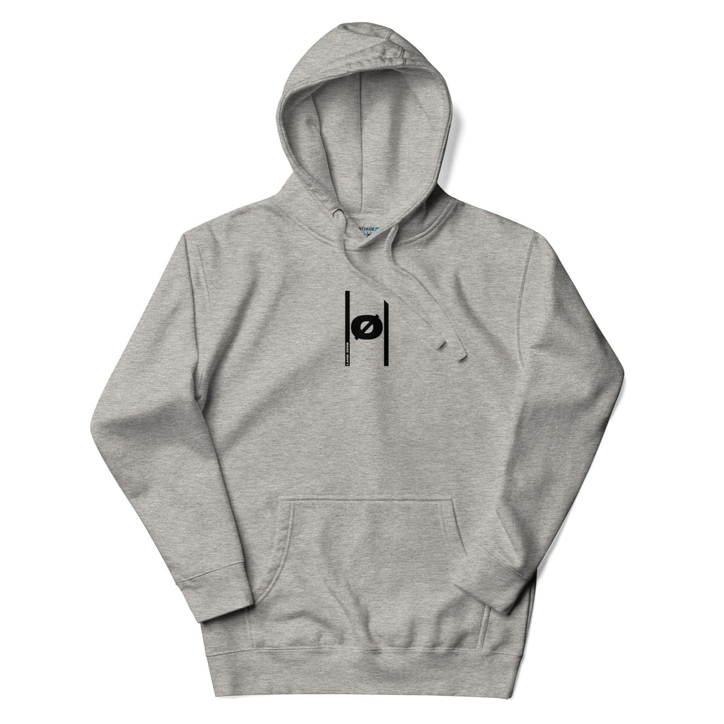 Gray hoodie with a black logo on a white background