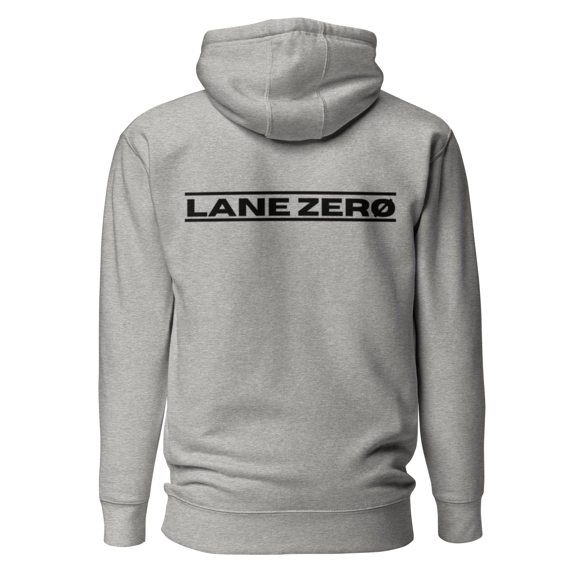 Gray hoodie with 'LANE ZERO' logo on the back against a white background