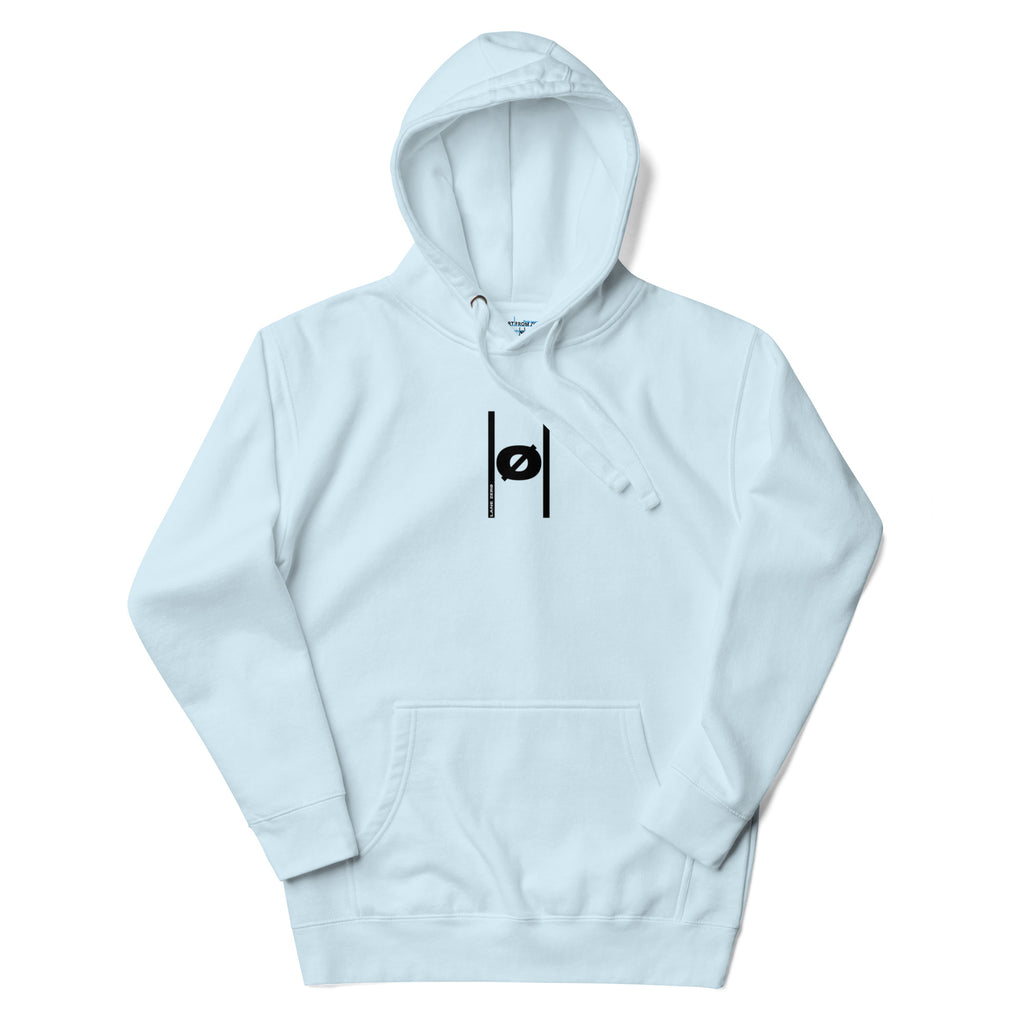 Light blue hoodie with a black logo on a white background