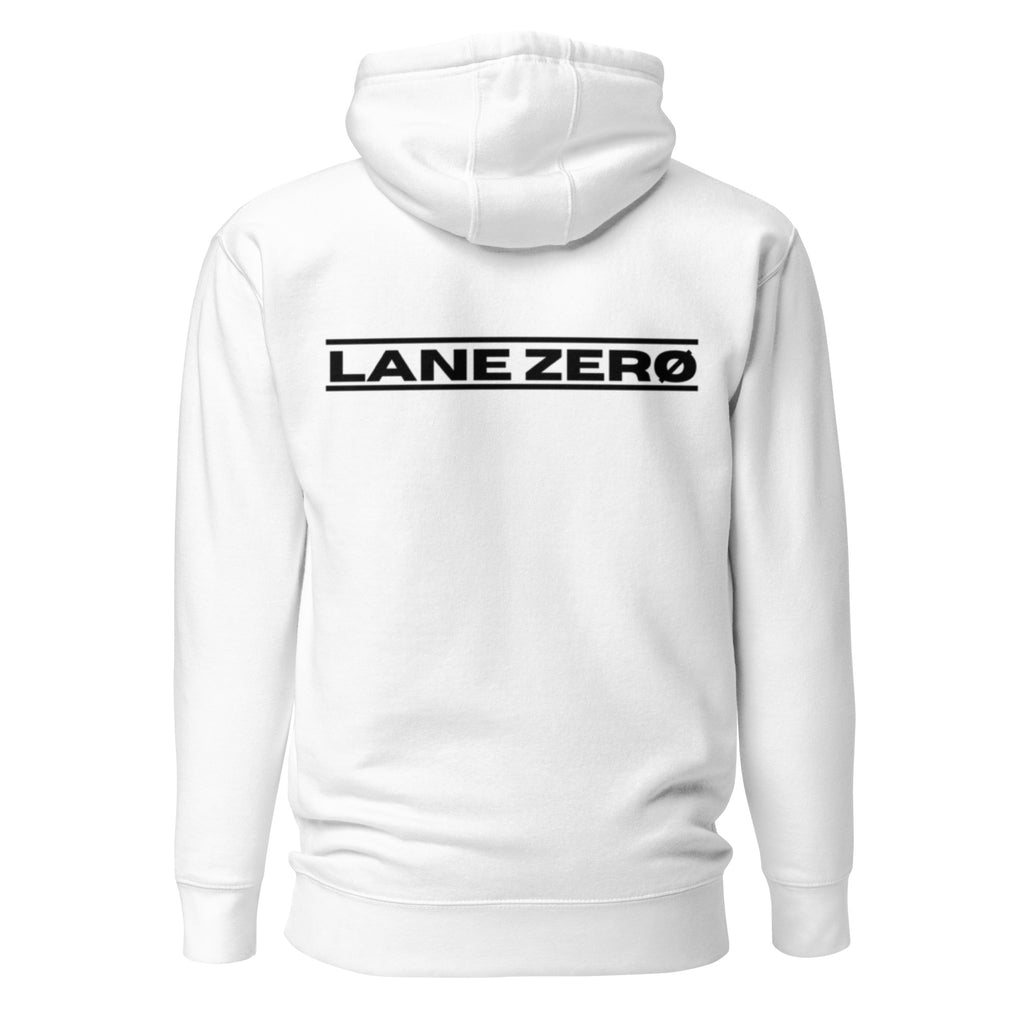 White hoodie with 'LANE ZERO' logo on the back against a white background