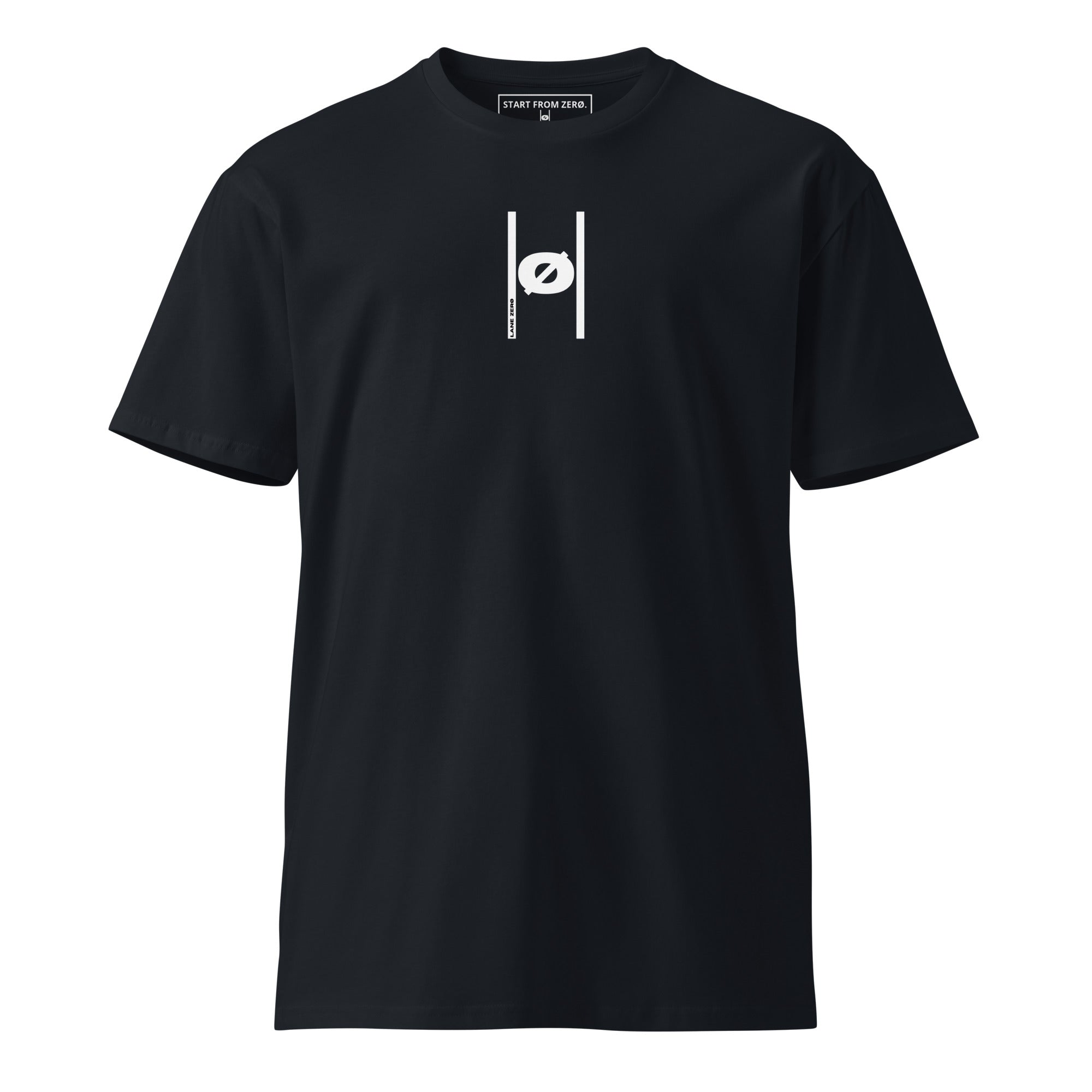 Black t-shirt with a white logo on a white background
