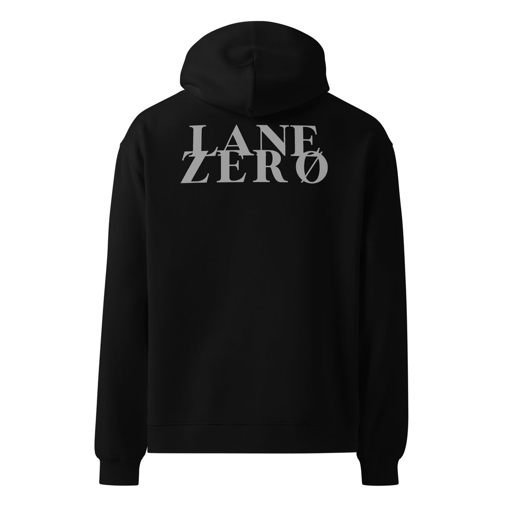 Black hoodie with 'LANE ZERO' text on the back against a white background