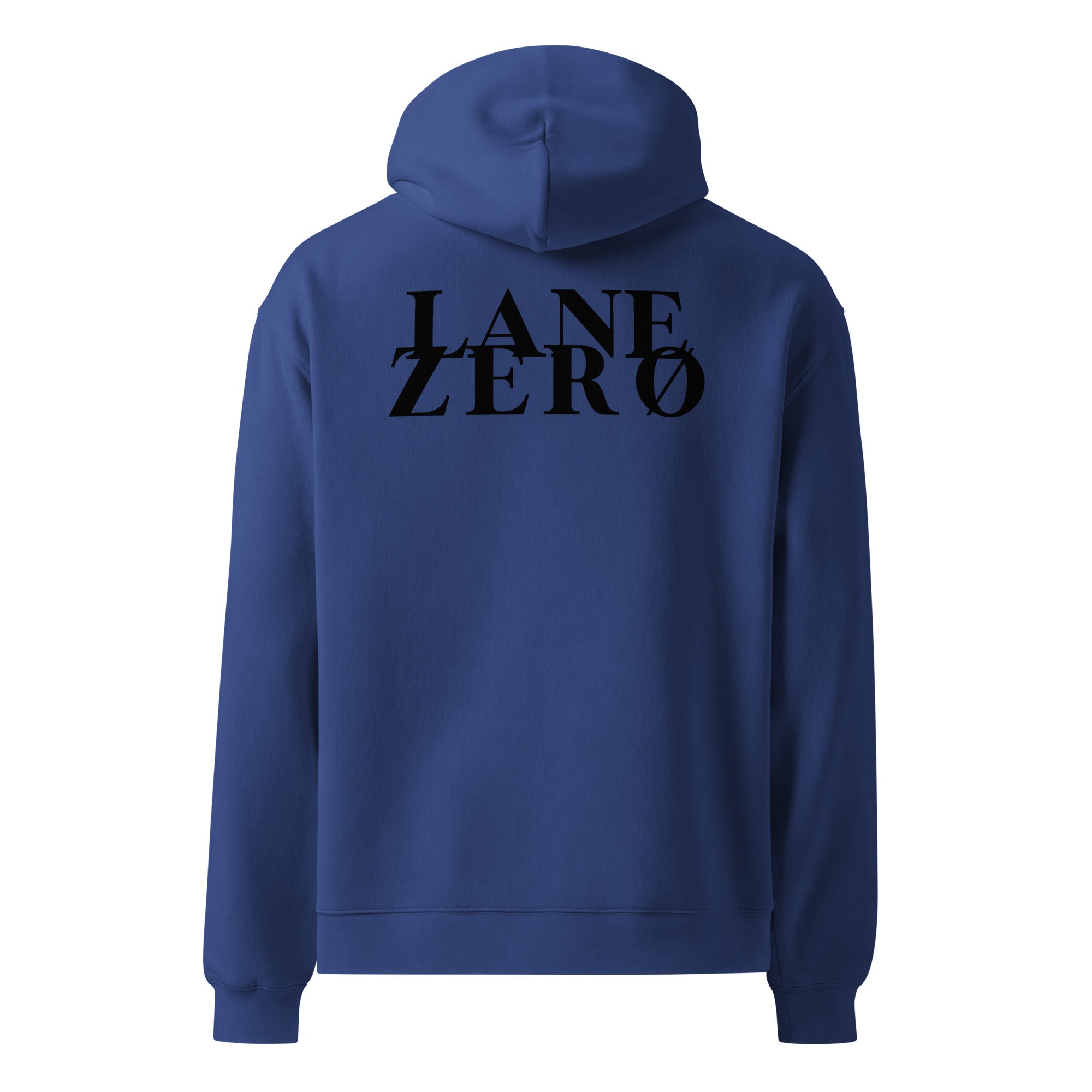 Blue hoodie with 'LANE ZERO' text on the back against a white background