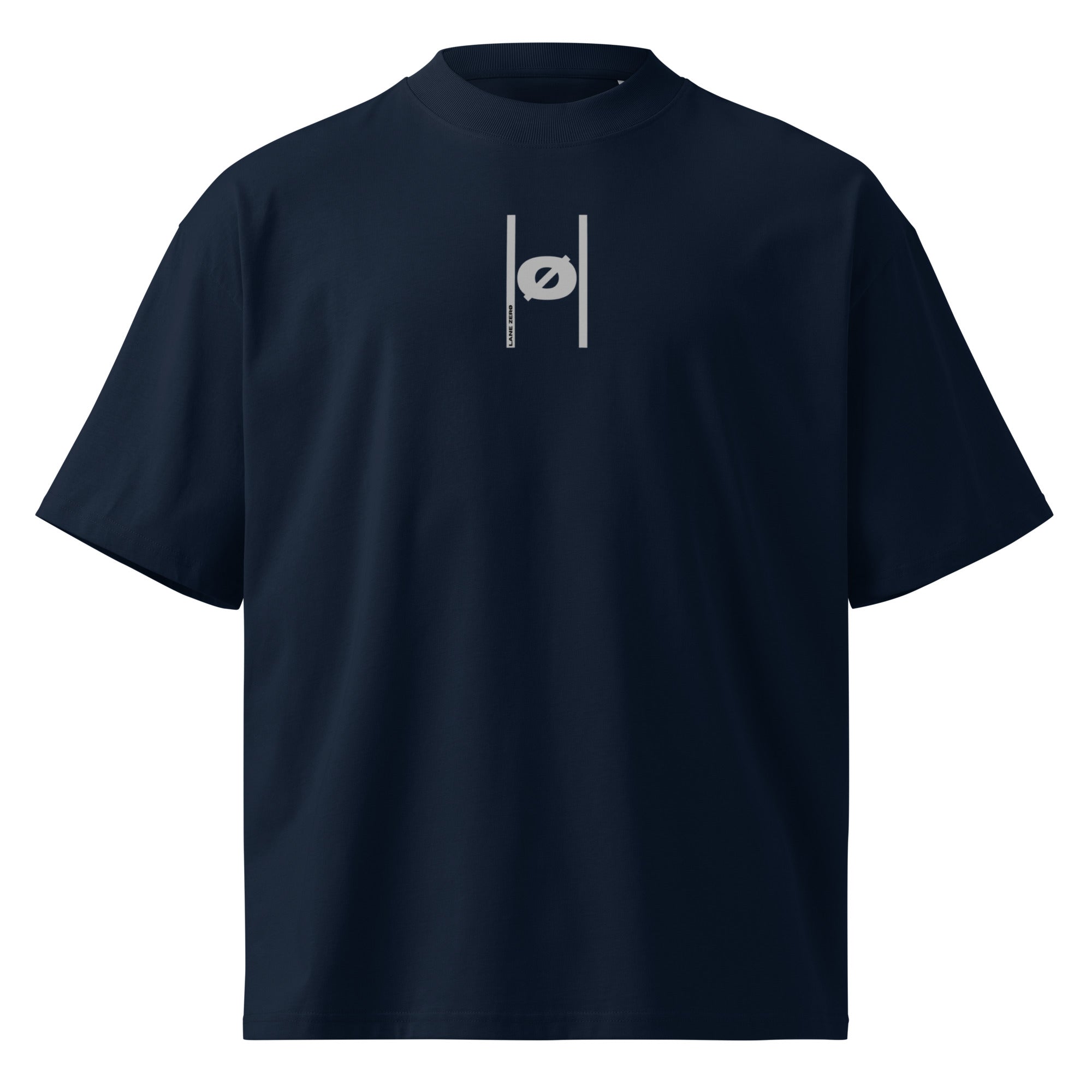 Navy blue t-shirt with a white logo on a white background