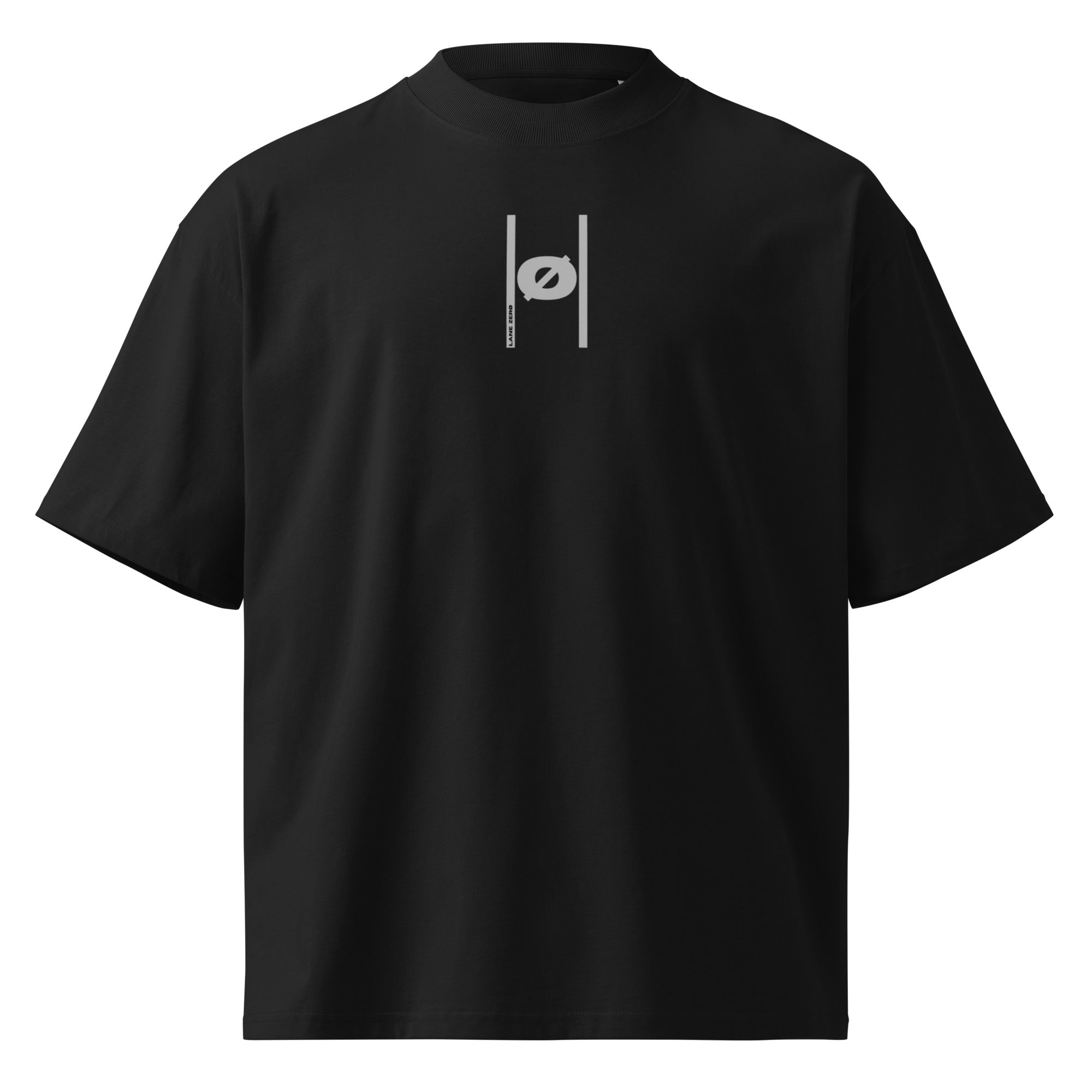 Black t-shirt with a white logo on a white background