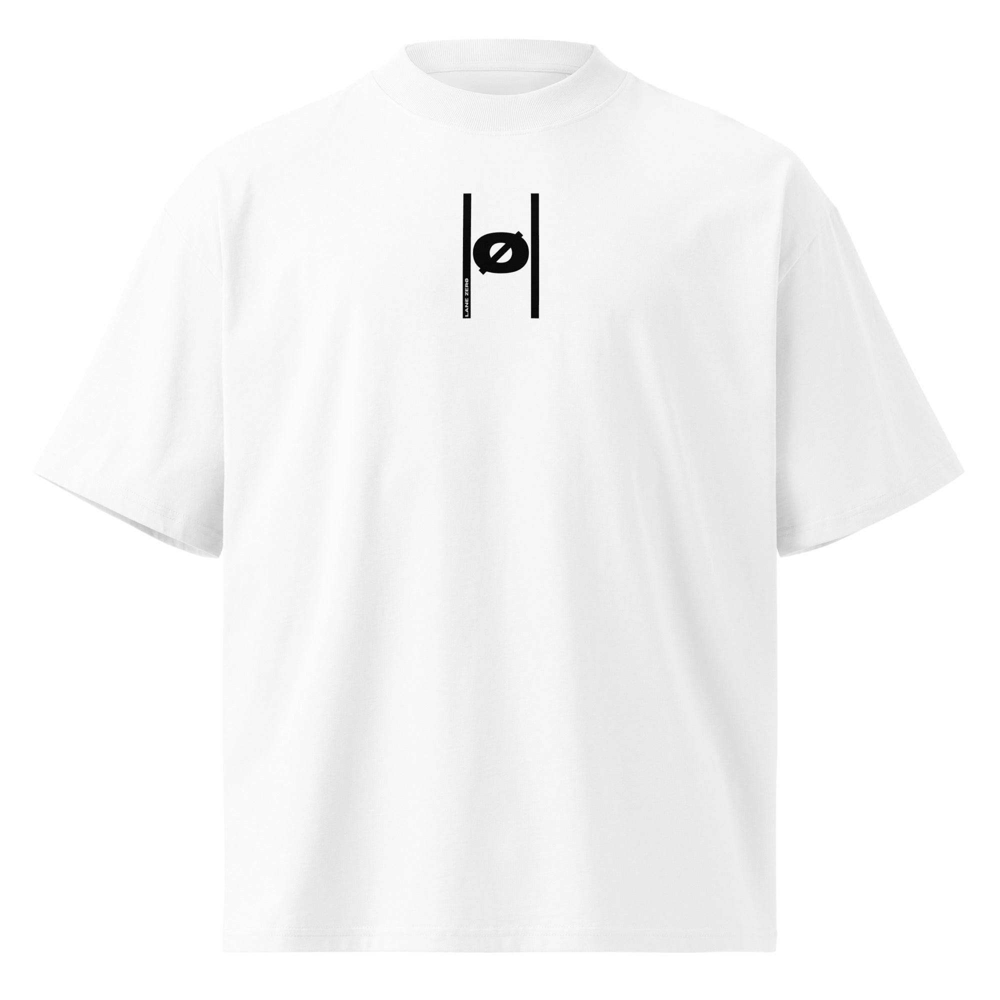 White oversized t-shirt with a black logo on a white background