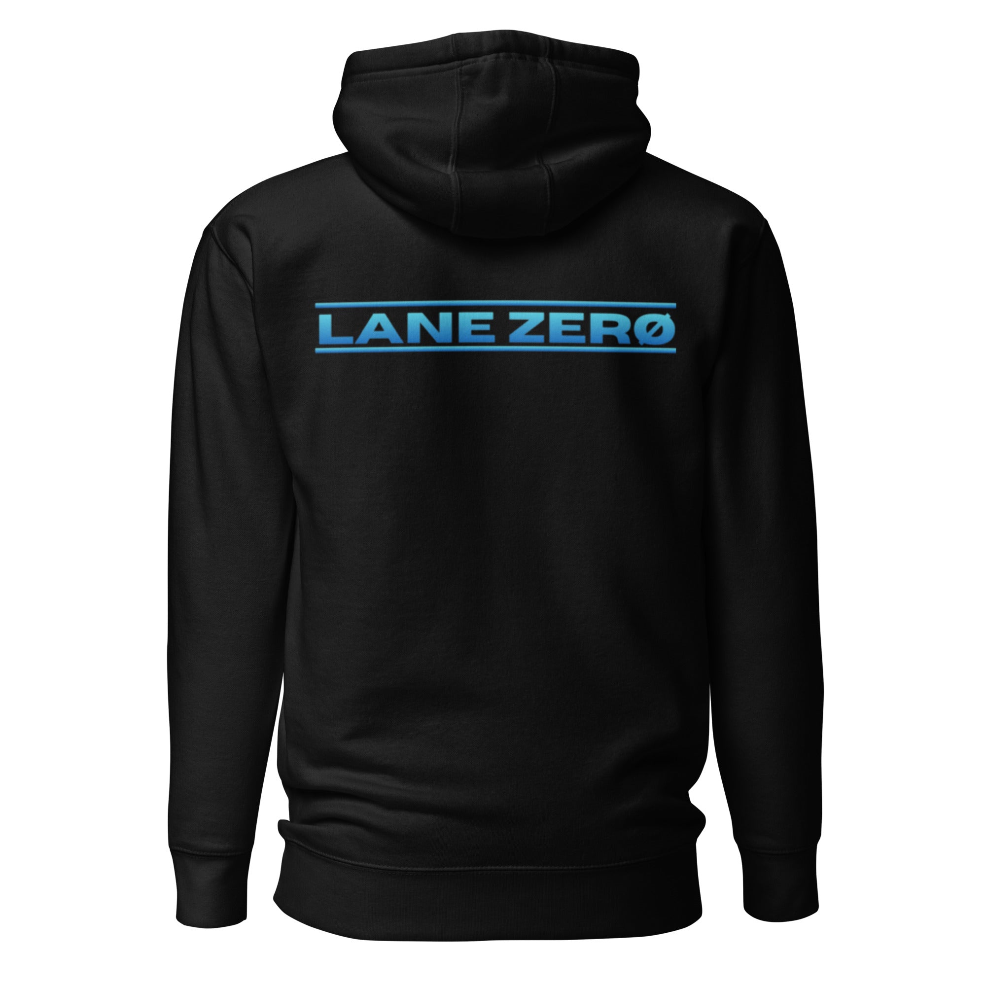 Black hoodie with 'LANE ZERO' text on the back against a white background